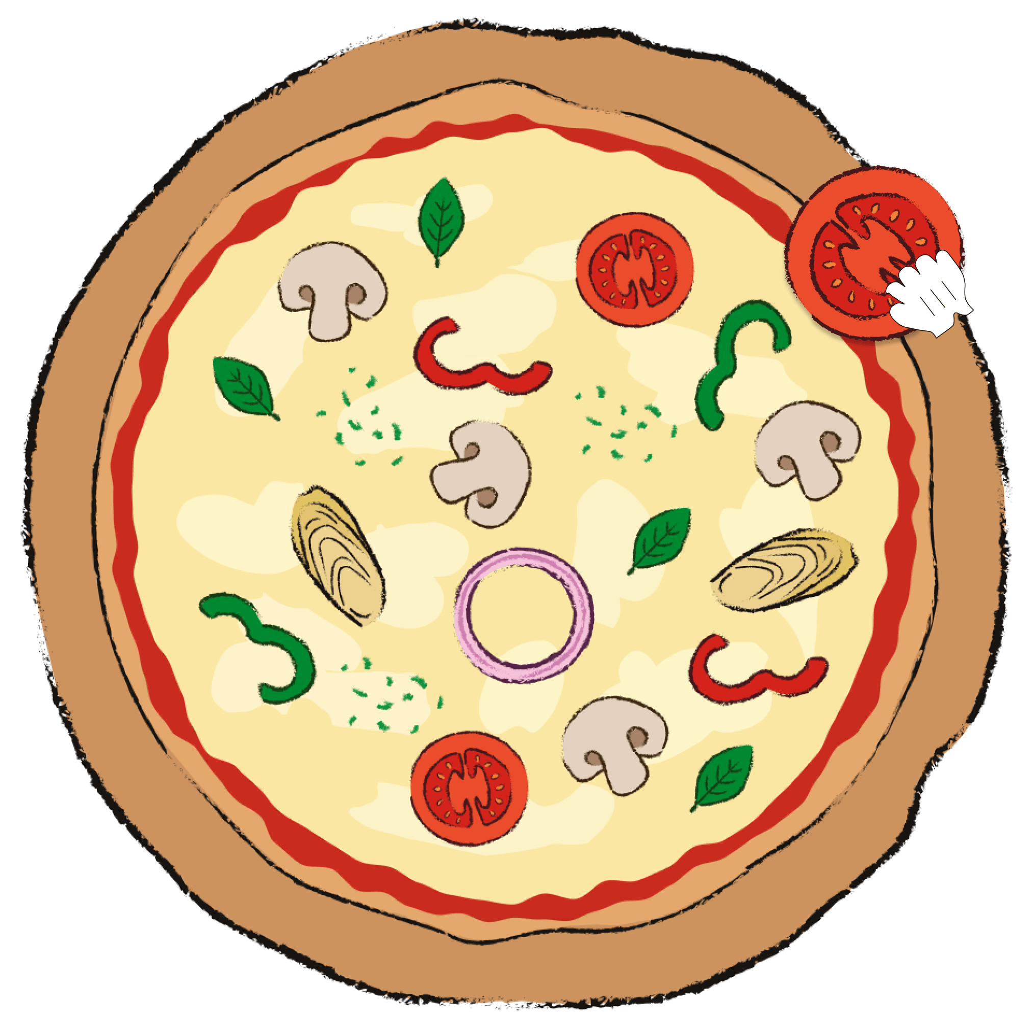 Pizza with a hand dropping a tomato on top